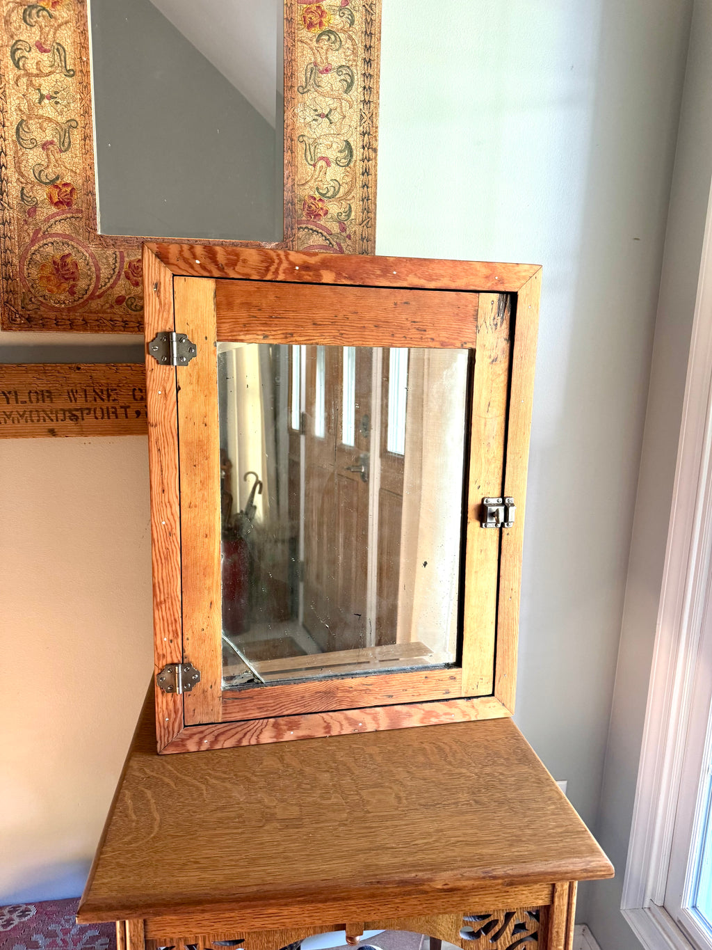 Antique Rustic Wood Medicine Cabinet With Distressed Mirrored Door