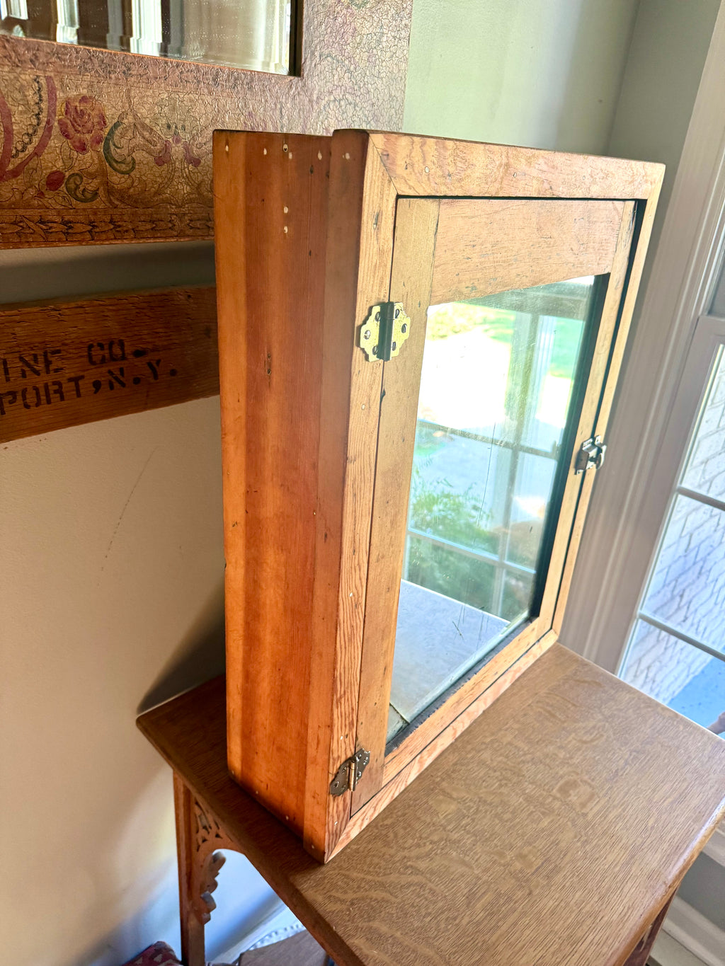 Antique Rustic Wood Medicine Cabinet With Distressed Mirrored Door
