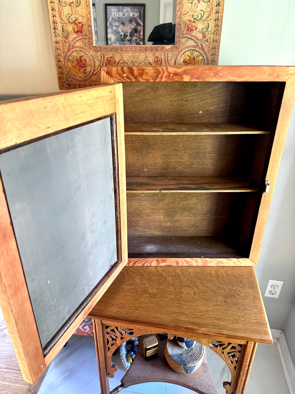 Antique Rustic Wood Medicine Cabinet With Distressed Mirrored Door