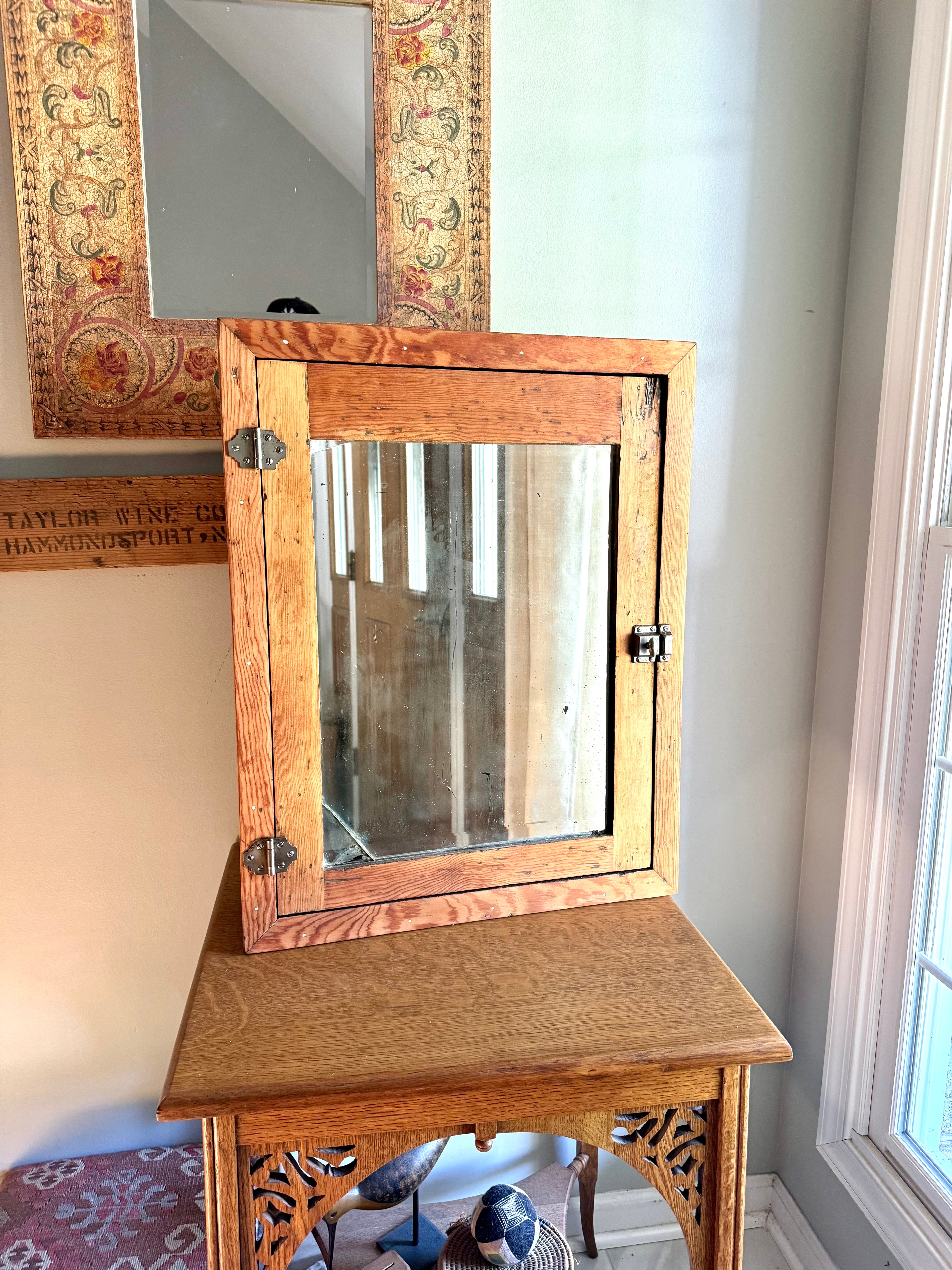 Antique Rustic Wood Medicine Cabinet With Distressed Mirrored Door