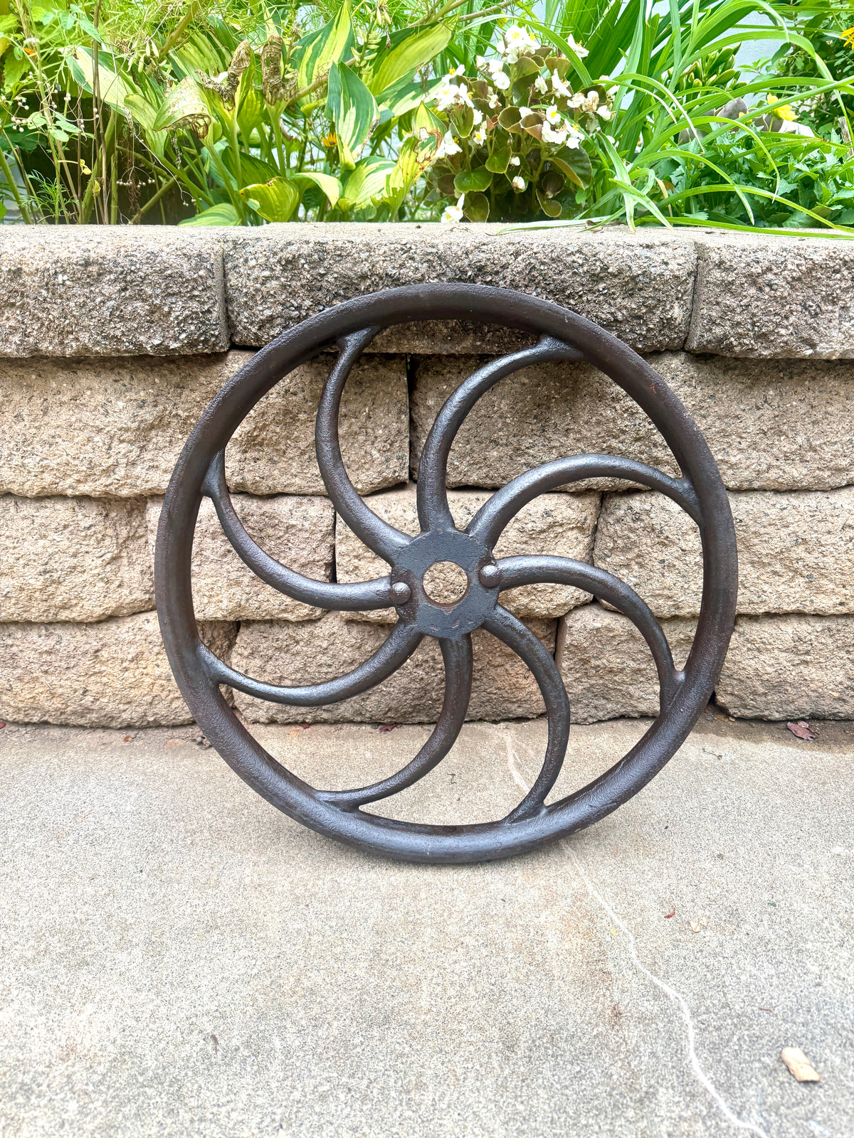 Antique Cast Iron "S-Spoke" Flywheel ~ Cast Iron Pulley Wall Hanger ~ 19" Cast Iron Flywheel