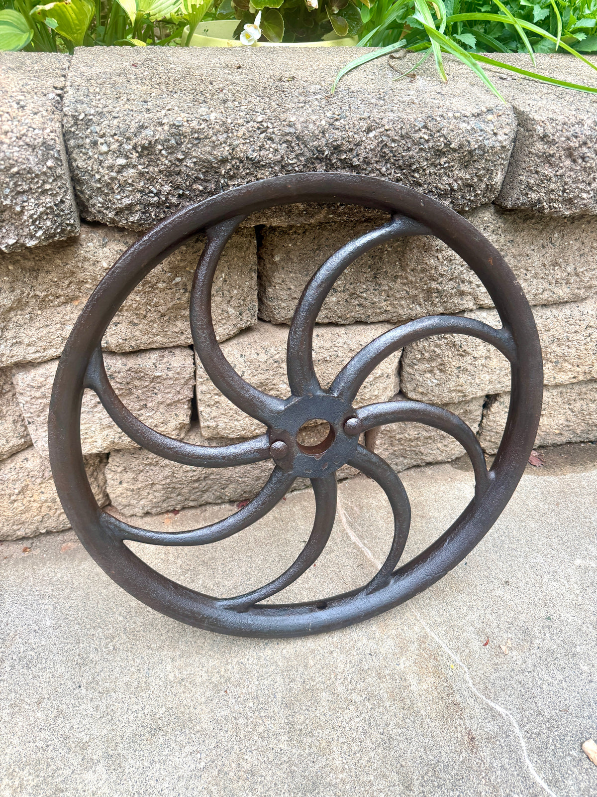 Antique Cast Iron "S-Spoke" Flywheel ~ Cast Iron Pulley Wall Hanger ~ 19" Cast Iron Flywheel