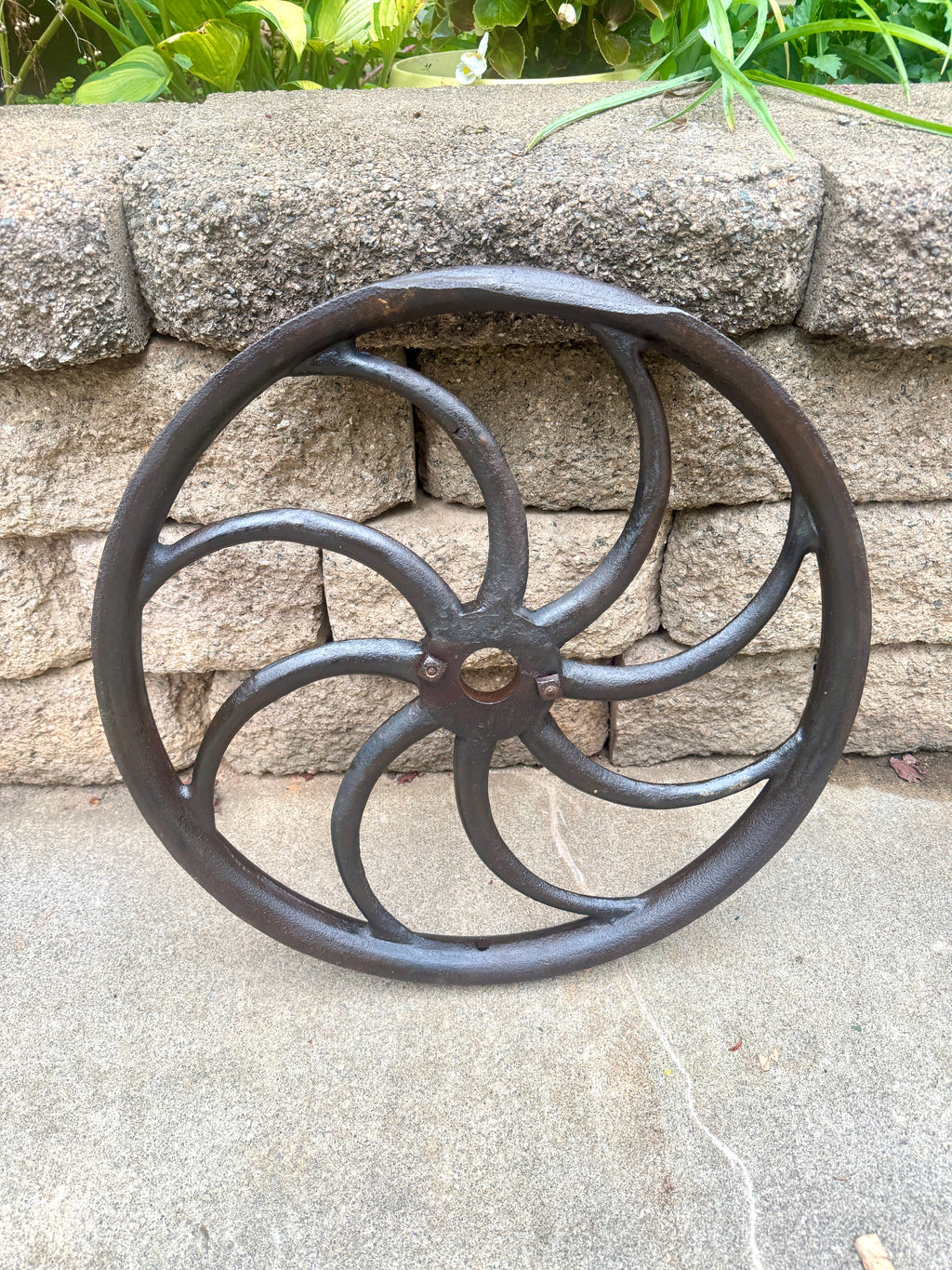 Antique Cast Iron "S-Spoke" Flywheel ~ Cast Iron Pulley Wall Hanger ~ 19" Cast Iron Flywheel