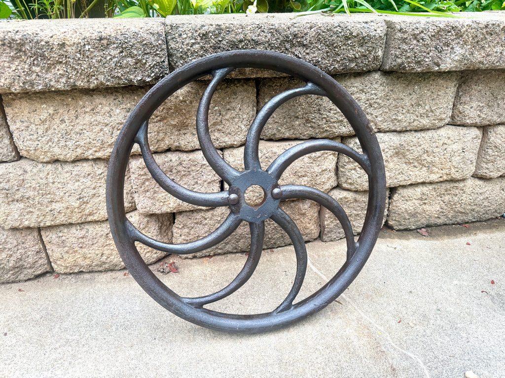 Antique Cast Iron "S-Spoke" Flywheel ~ Cast Iron Pulley Wall Hanger ~ 19" Cast Iron Flywheel