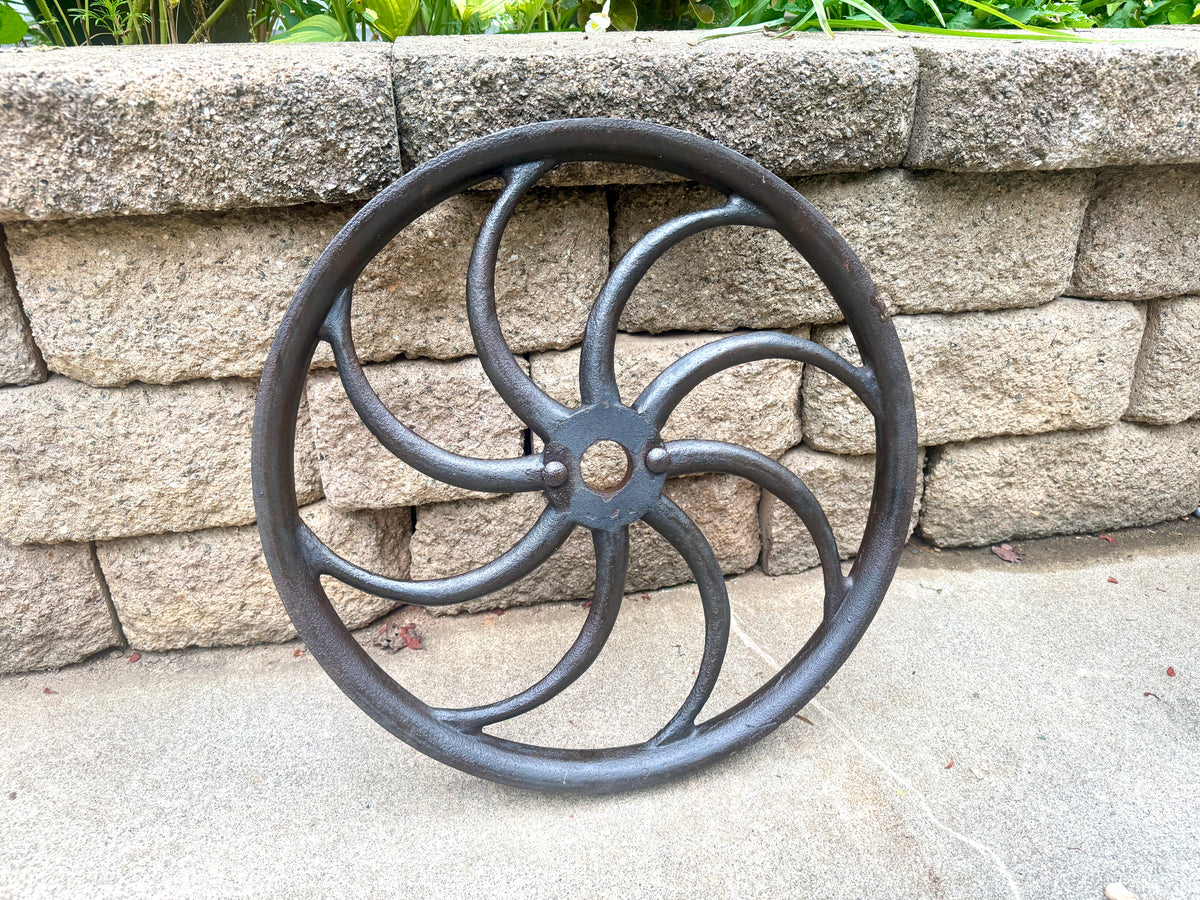 Antique Cast Iron "S-Spoke" Flywheel ~ Cast Iron Pulley Wall Hanger ~ 19" Cast Iron Flywheel