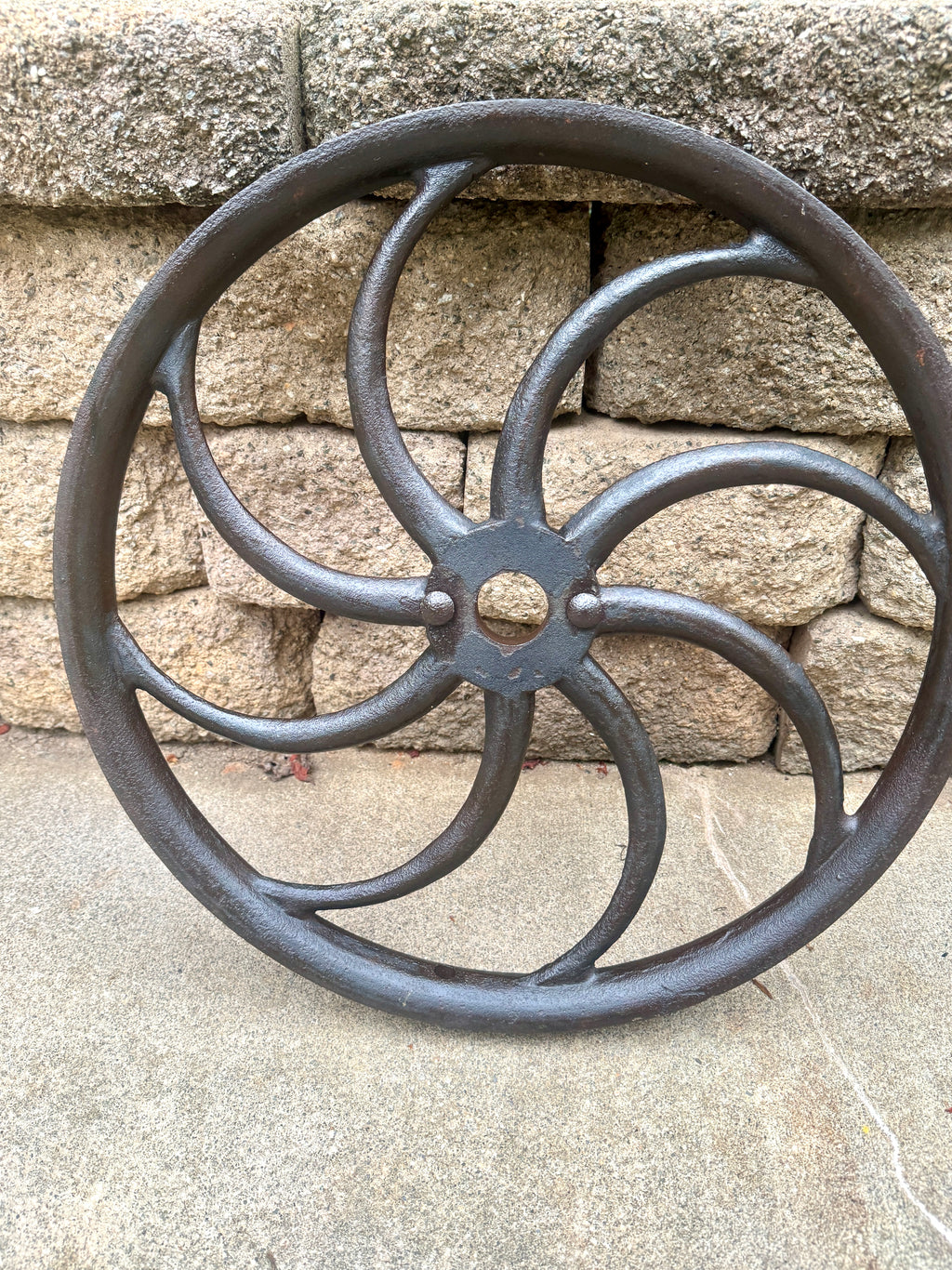 Antique Cast Iron "S-Spoke" Flywheel ~ Cast Iron Pulley Wall Hanger ~ 19" Cast Iron Flywheel