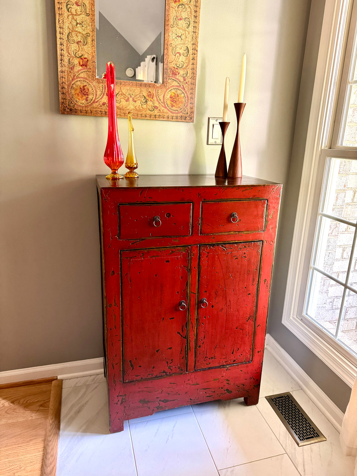 Chinese Cabinet with 2 Drawers and 2 Doors ~ Antique Asian Pine Distressed Cabinet ~
