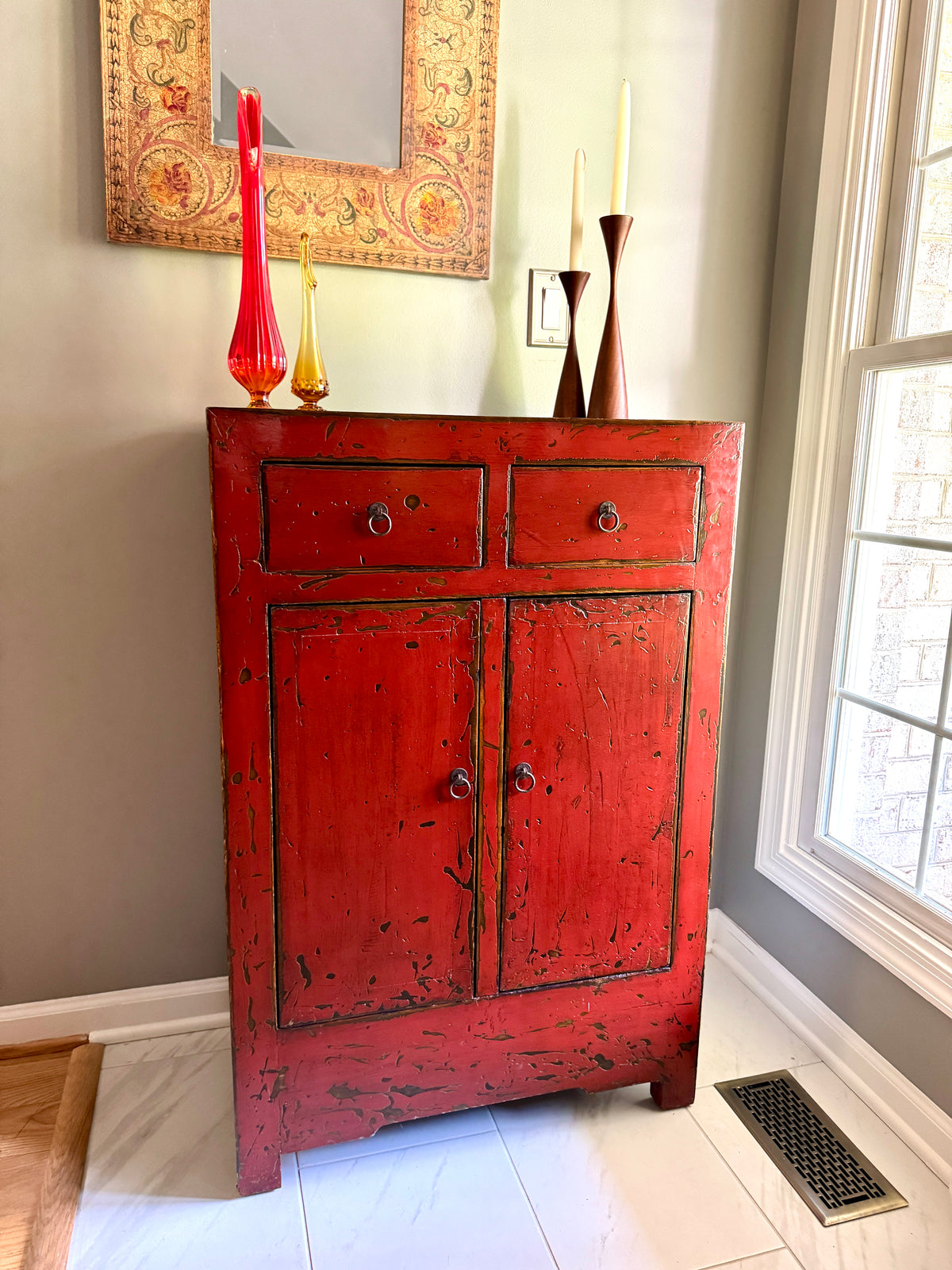 Chinese Cabinet with 2 Drawers and 2 Doors ~ Antique Asian Pine Distressed Cabinet ~