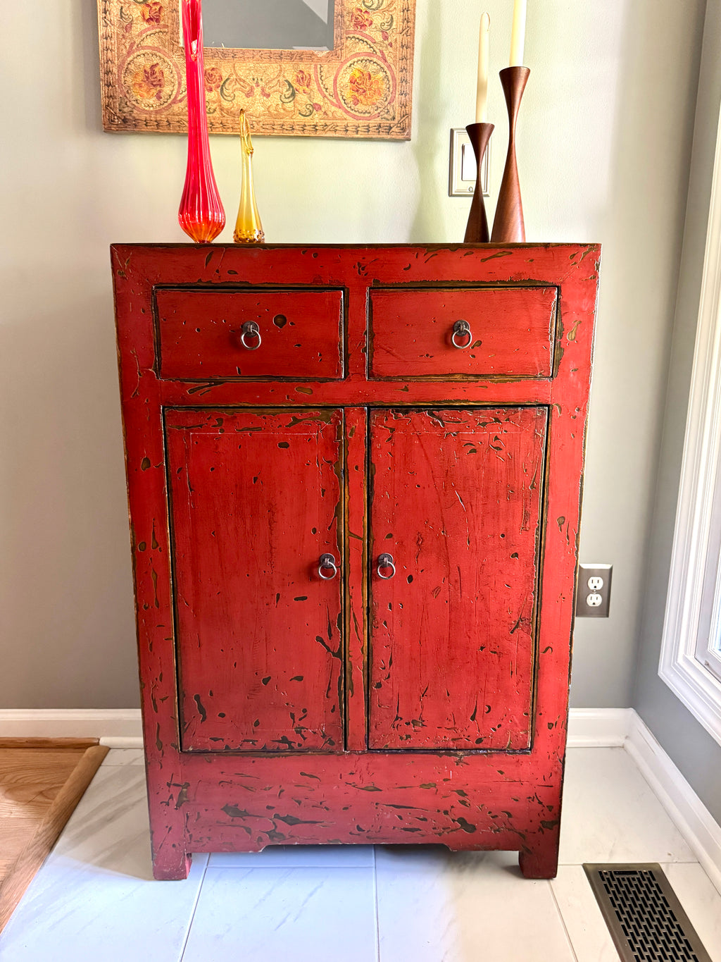 Chinese Cabinet with 2 Drawers and 2 Doors ~ Antique Asian Pine Distressed Cabinet ~