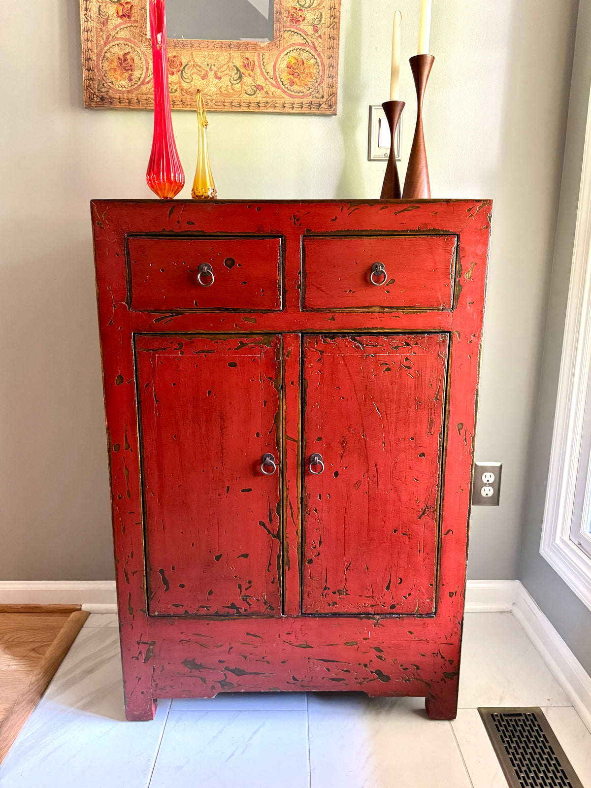Chinese Cabinet with 2 Drawers and 2 Doors ~ Antique Asian Pine Distressed Cabinet ~
