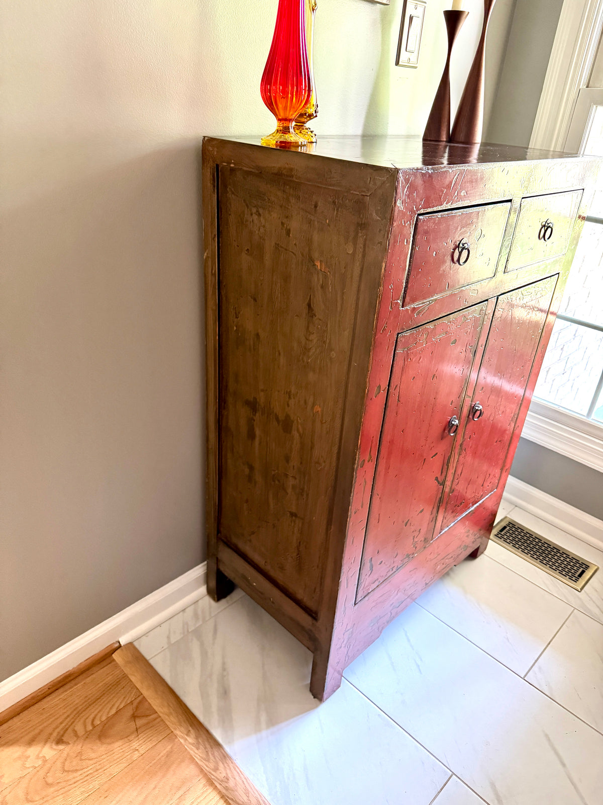 Chinese Cabinet with 2 Drawers and 2 Doors ~ Antique Asian Pine Distressed Cabinet ~