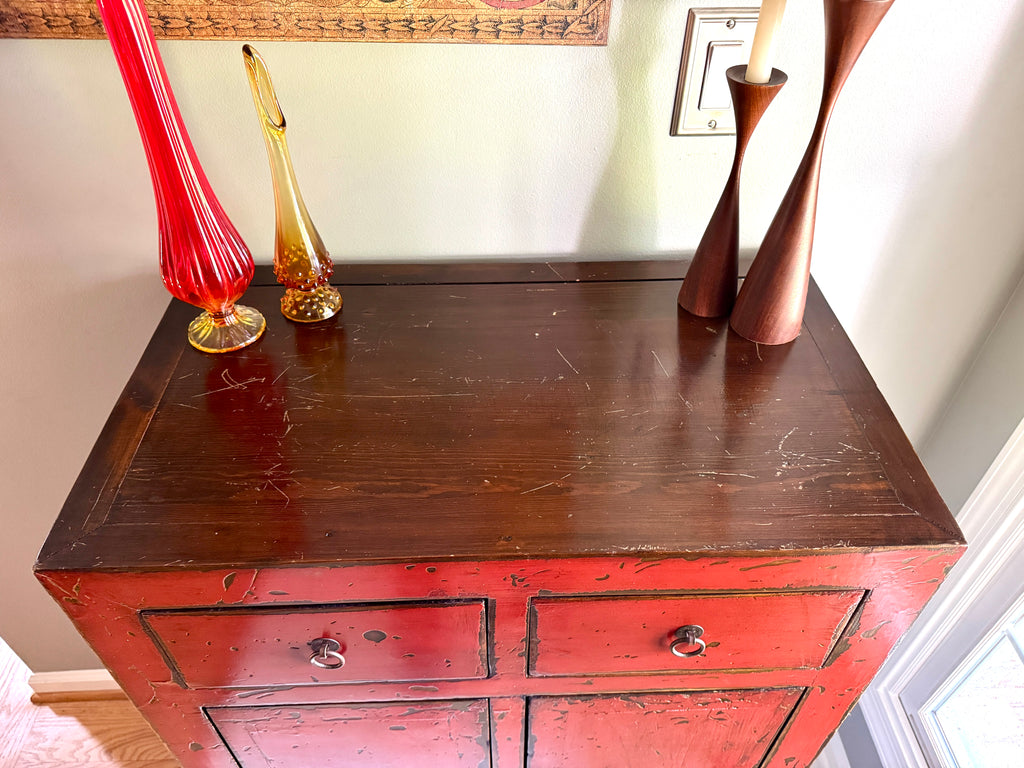 Chinese Cabinet with 2 Drawers and 2 Doors ~ Antique Asian Pine Distressed Cabinet ~
