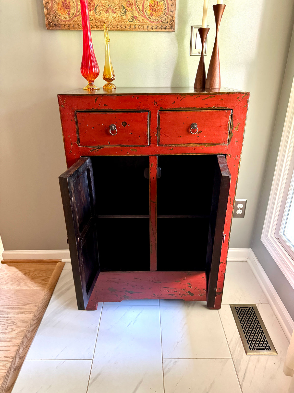 Chinese Cabinet with 2 Drawers and 2 Doors ~ Antique Asian Pine Distressed Cabinet ~