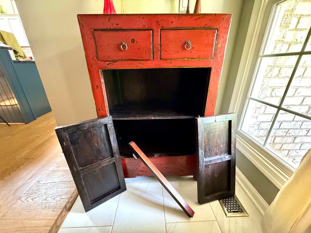 Chinese Cabinet with 2 Drawers and 2 Doors ~ Antique Asian Pine Distressed Cabinet ~