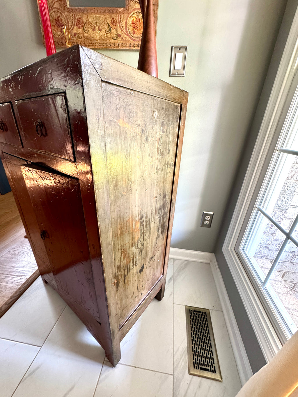 Chinese Cabinet with 2 Drawers and 2 Doors ~ Antique Asian Pine Distressed Cabinet ~