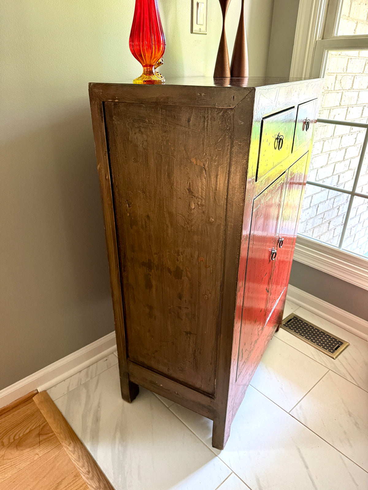 Chinese Cabinet with 2 Drawers and 2 Doors ~ Antique Asian Pine Distressed Cabinet ~