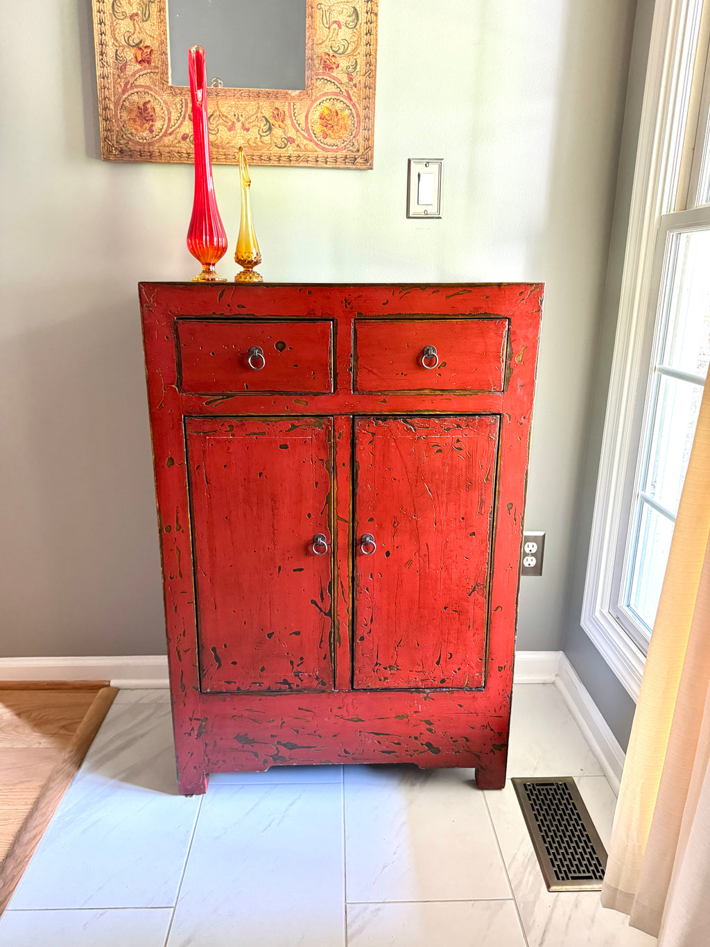 Chinese Cabinet with 2 Drawers and 2 Doors ~ Antique Asian Pine Distressed Cabinet ~