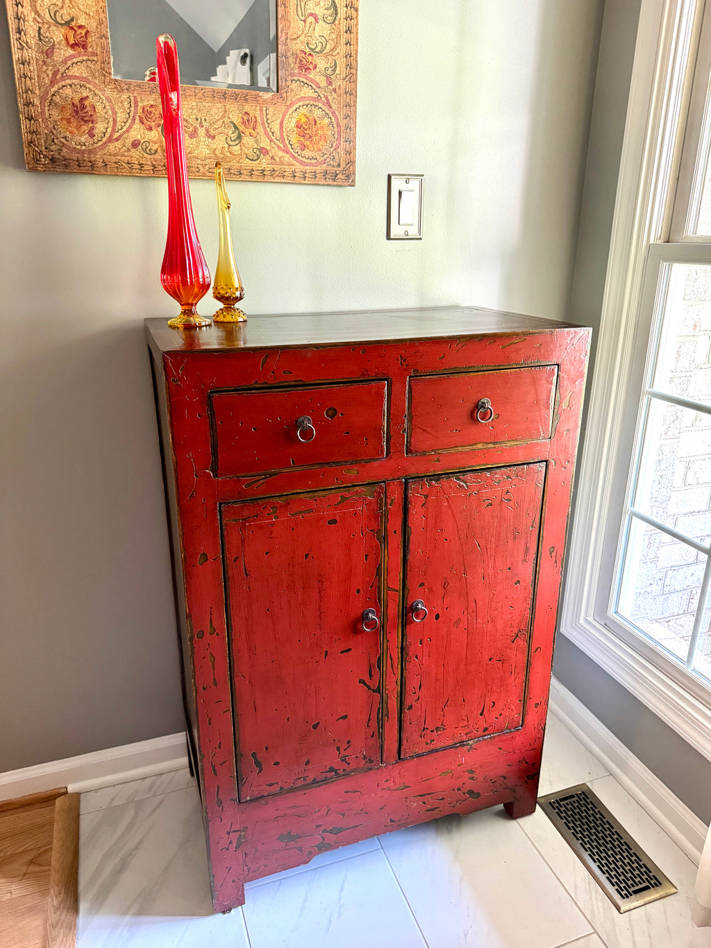 Chinese Cabinet with 2 Drawers and 2 Doors ~ Antique Asian Pine Distressed Cabinet ~