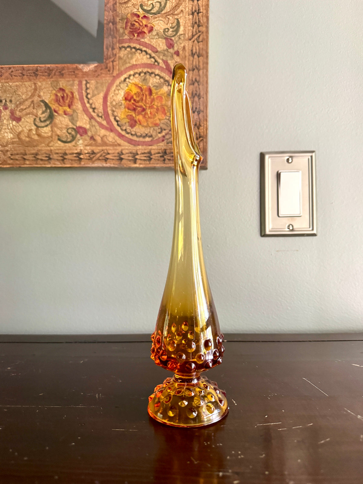 Vtg Fenton Amber Swung Glass Bud Vase ~ Amber Hobnail Footed Vase ~ MCM Amber Swung Glass Vase