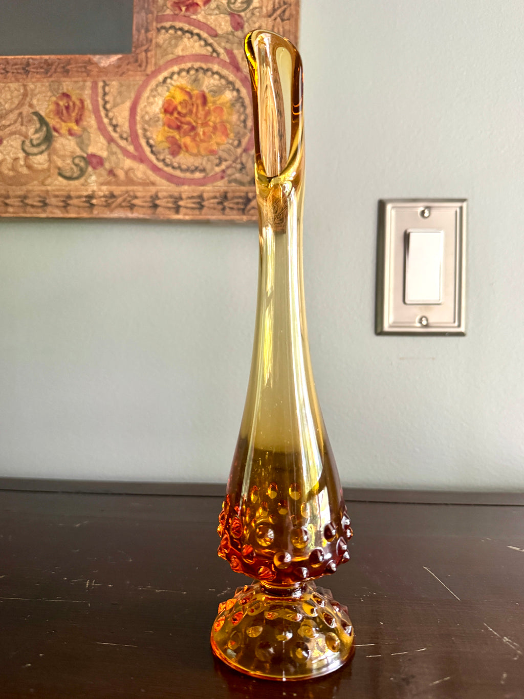 Vtg Fenton Amber Swung Glass Bud Vase ~ Amber Hobnail Footed Vase ~ MCM Amber Swung Glass Vase