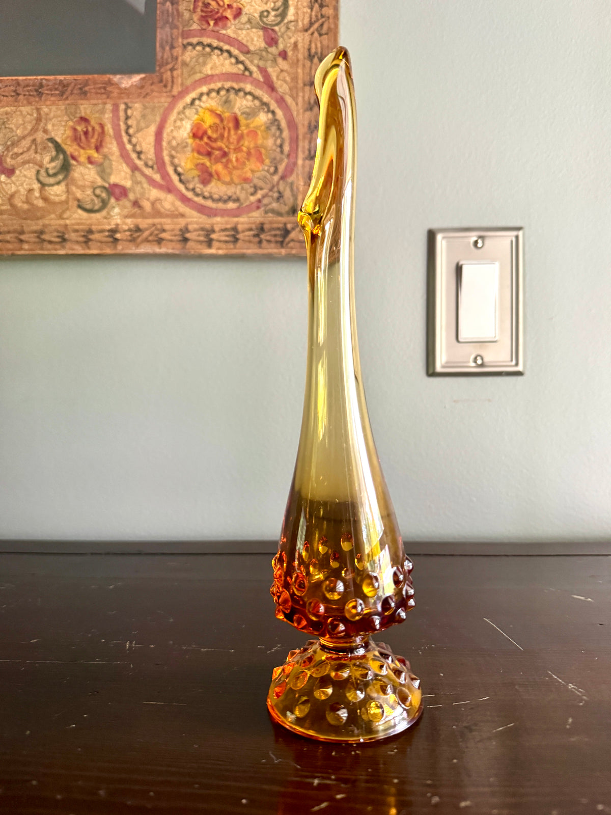 Vtg Fenton Amber Swung Glass Bud Vase ~ Amber Hobnail Footed Vase ~ MCM Amber Swung Glass Vase