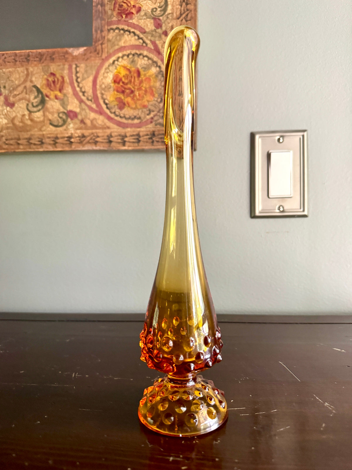Vtg Fenton Amber Swung Glass Bud Vase ~ Amber Hobnail Footed Vase ~ MCM Amber Swung Glass Vase