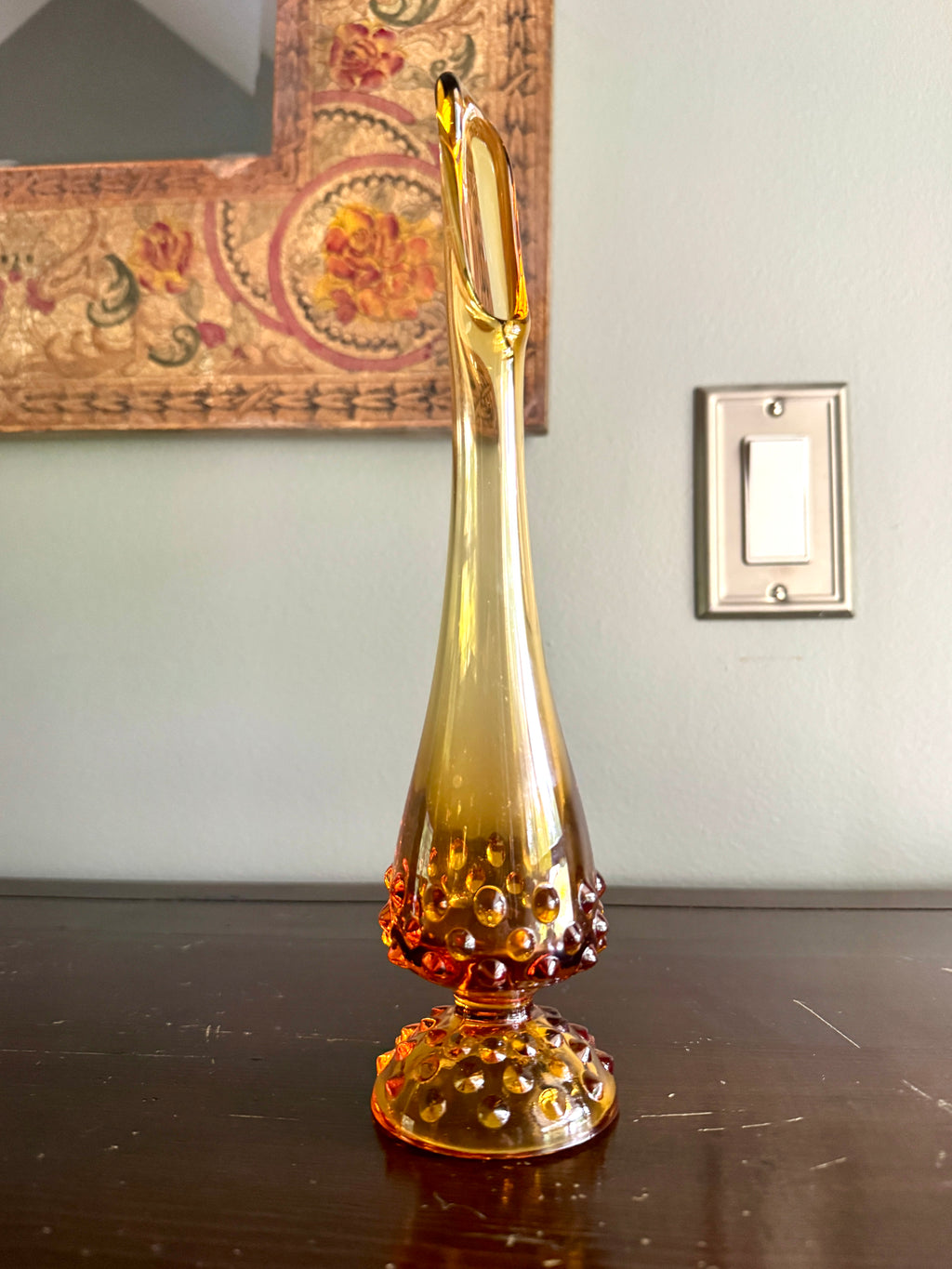 Vtg Fenton Amber Swung Glass Bud Vase ~ Amber Hobnail Footed Vase ~ MCM Amber Swung Glass Vase