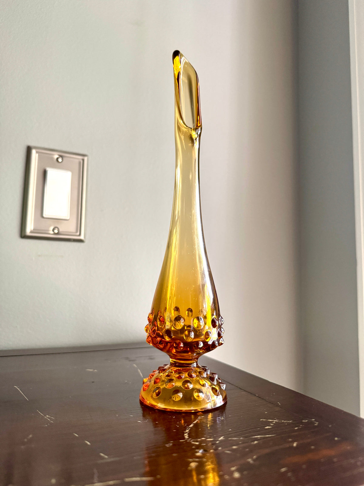 Vtg Fenton Amber Swung Glass Bud Vase ~ Amber Hobnail Footed Vase ~ MCM Amber Swung Glass Vase