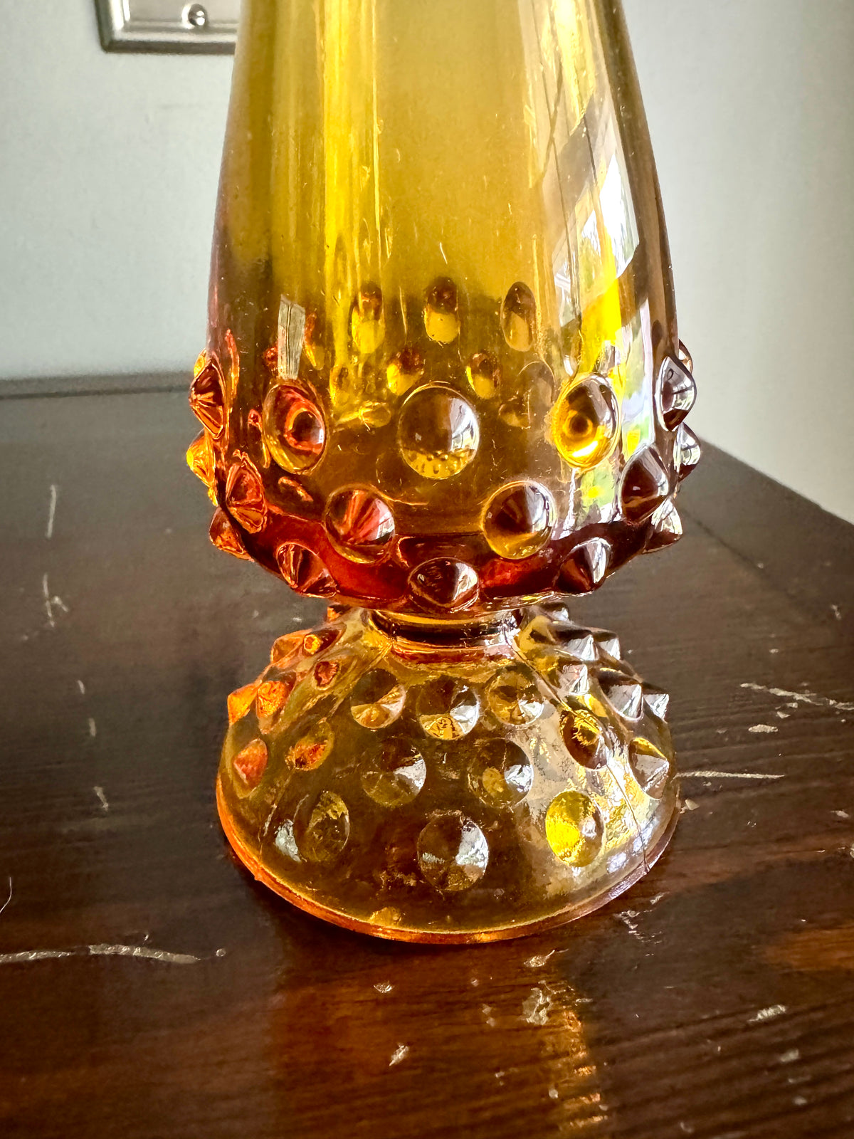 Vtg Fenton Amber Swung Glass Bud Vase ~ Amber Hobnail Footed Vase ~ MCM Amber Swung Glass Vase