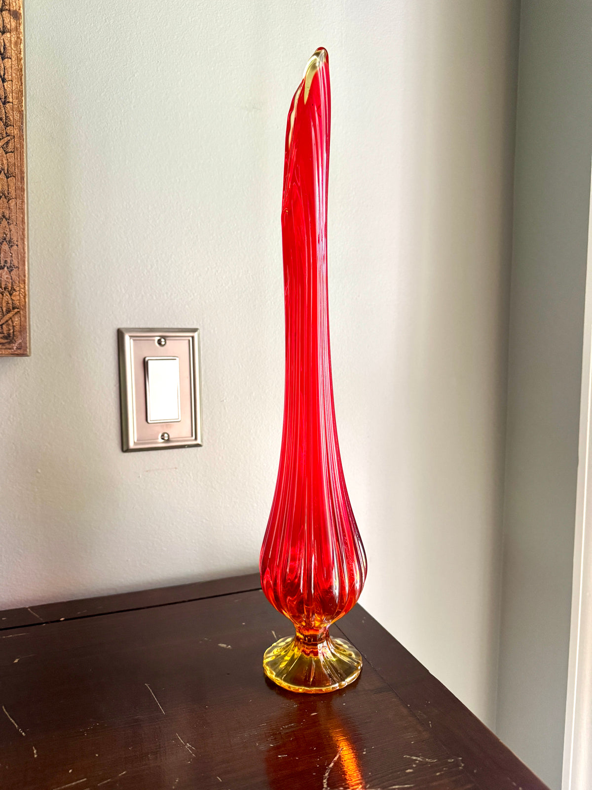 Vtg Mid Century Modern L.E. Smith Amberina Swung Vase Pedestal 17" ~ MCM Swung Glass Vase