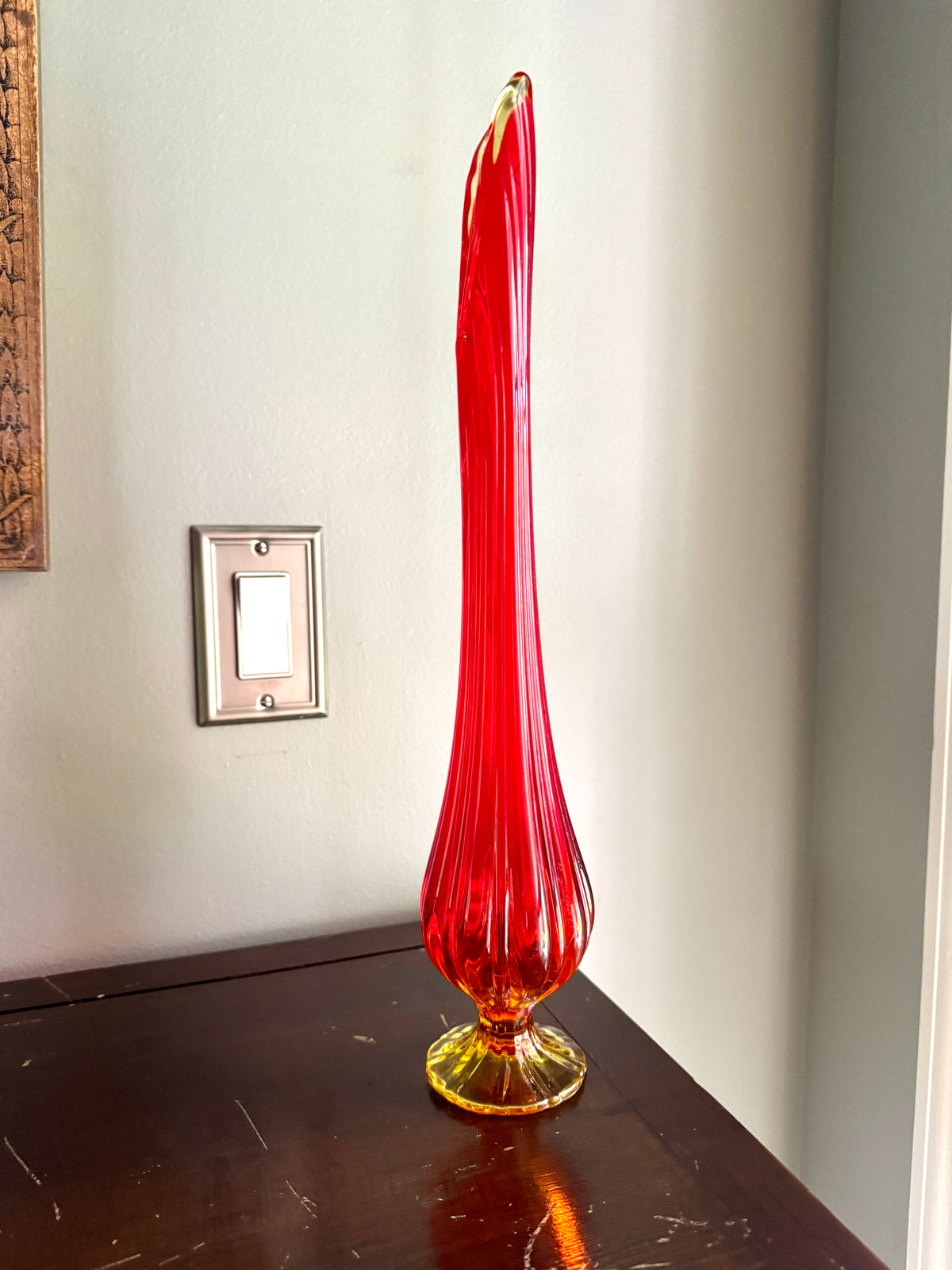 Vtg Mid Century Modern L.E. Smith Amberina Swung Vase Pedestal 17" ~ MCM Swung Glass Vase