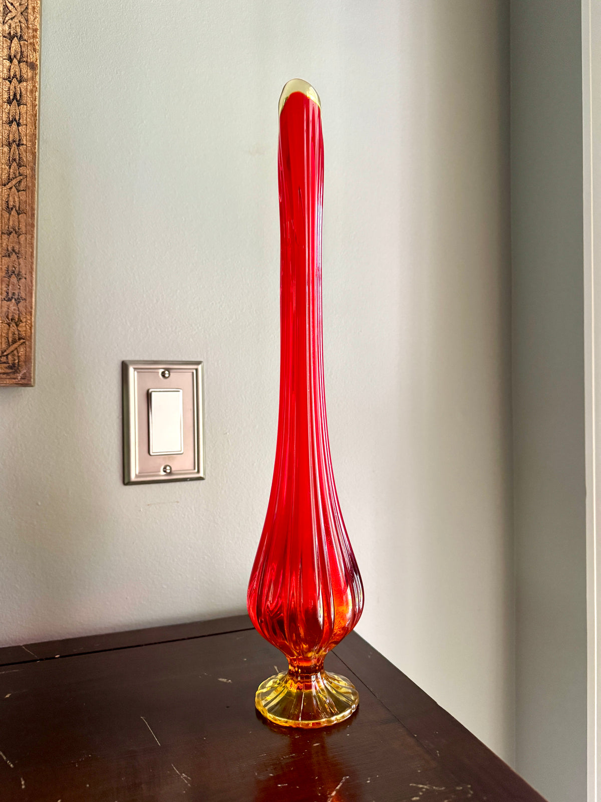Vtg Mid Century Modern L.E. Smith Amberina Swung Vase Pedestal 17" ~ MCM Swung Glass Vase