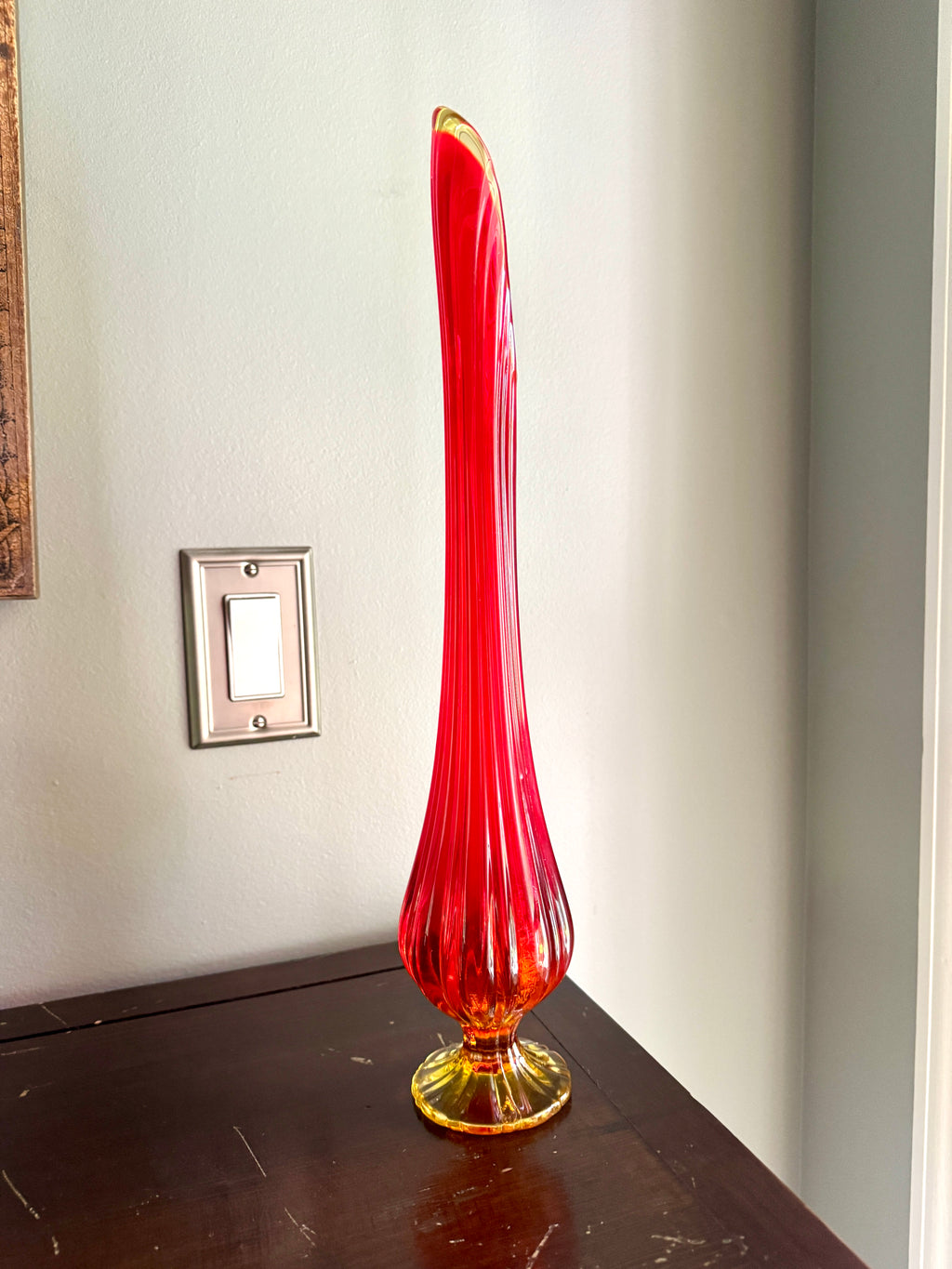 Vtg Mid Century Modern L.E. Smith Amberina Swung Vase Pedestal 17" ~ MCM Swung Glass Vase