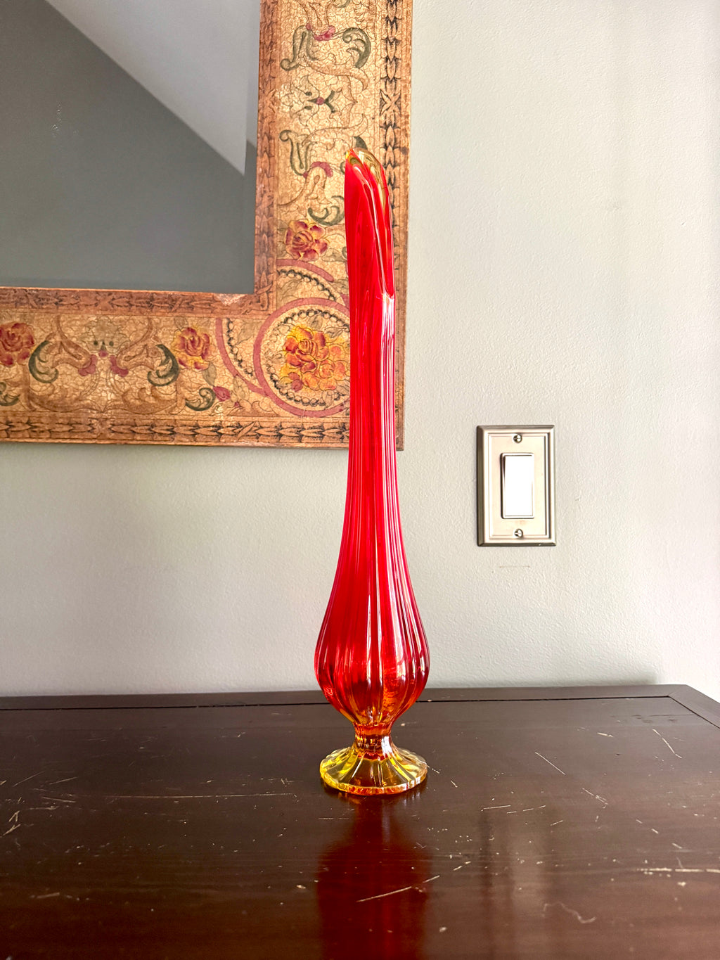 Vtg Mid Century Modern L.E. Smith Amberina Swung Vase Pedestal 17" ~ MCM Swung Glass Vase
