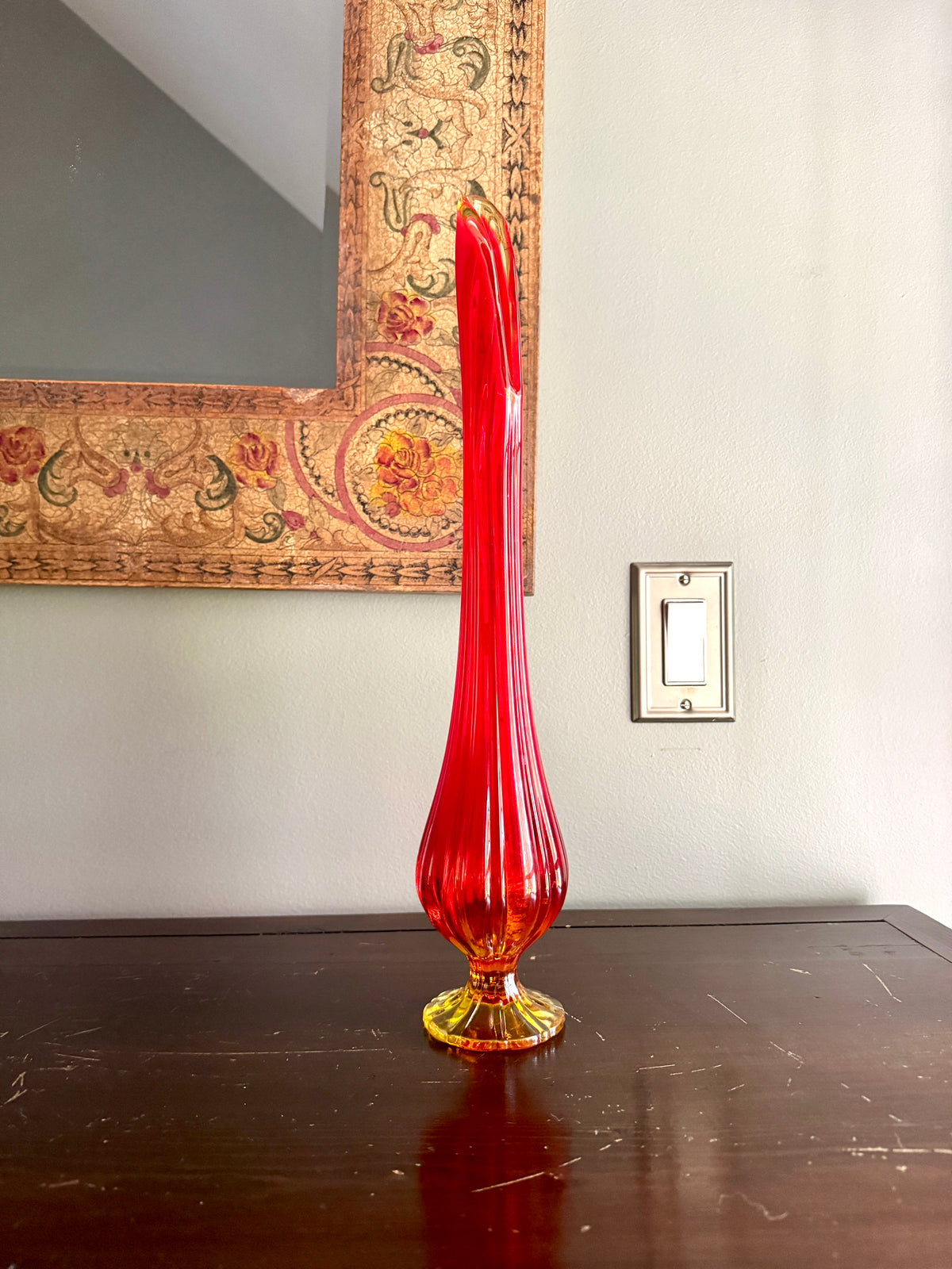 Vtg Mid Century Modern L.E. Smith Amberina Swung Vase Pedestal 17" ~ MCM Swung Glass Vase