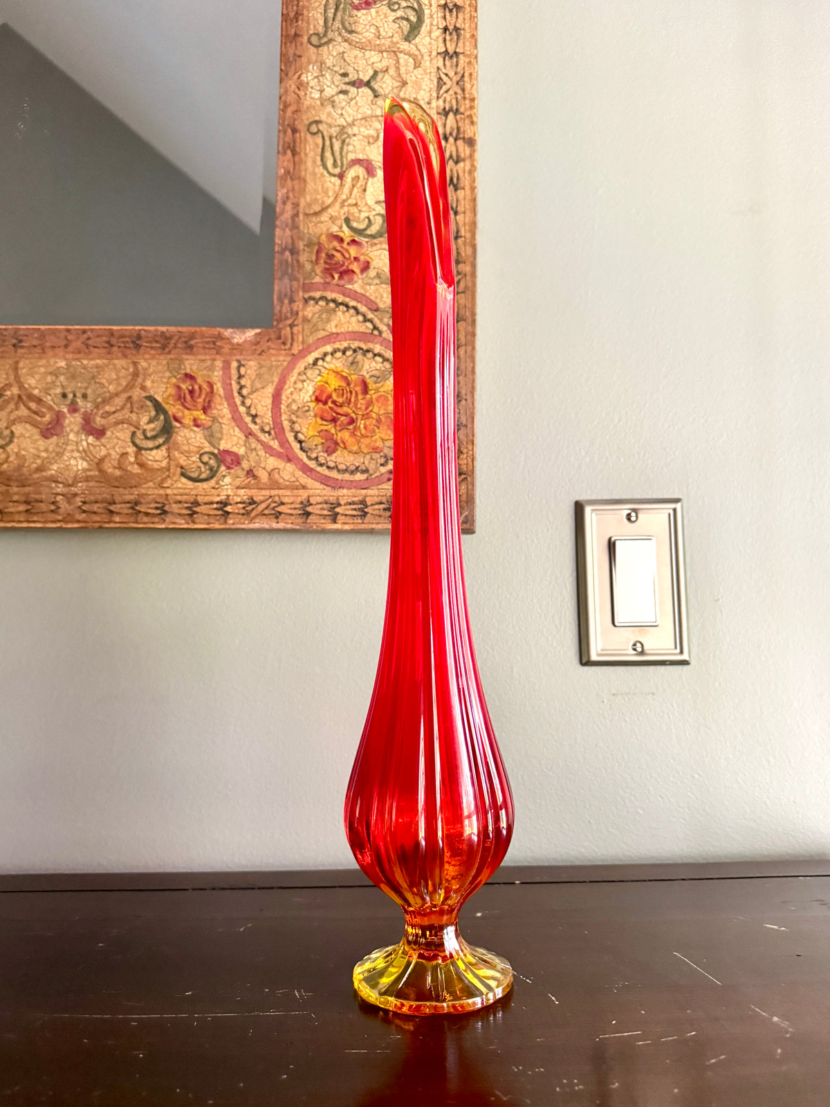 Vtg Mid Century Modern L.E. Smith Amberina Swung Vase Pedestal 17" ~ MCM Swung Glass Vase