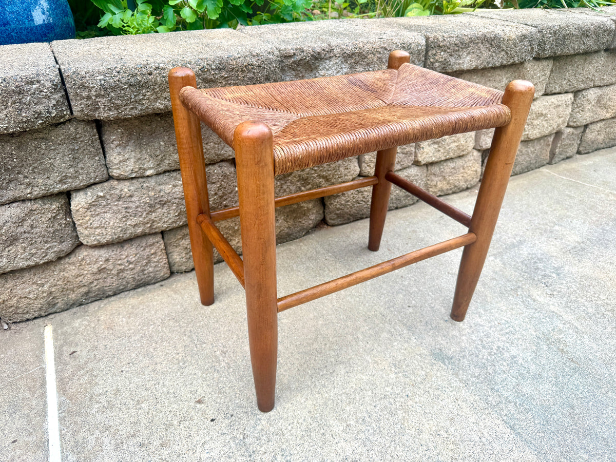 Vtg Wood Rush Bench | Rush Top Ottoman | Woven Sitting Stool | Long Wooden Stool | Borge Mogensen Style Bench | Rush Style Ottoman
