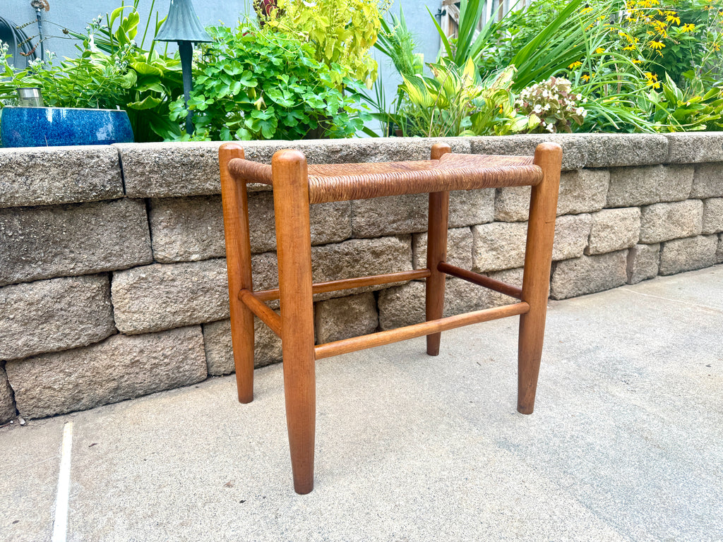 Vtg Wood Rush Bench | Rush Top Ottoman | Woven Sitting Stool | Long Wooden Stool | Borge Mogensen Style Bench | Rush Style Ottoman
