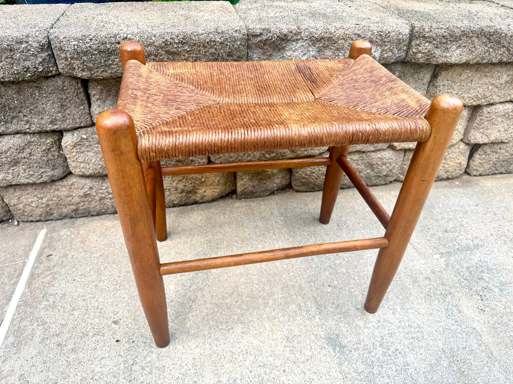 Vtg Wood Rush Bench | Rush Top Ottoman | Woven Sitting Stool | Long Wooden Stool | Borge Mogensen Style Bench | Rush Style Ottoman