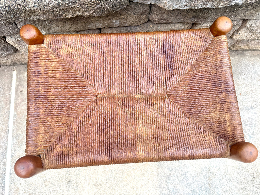 Vtg Wood Rush Bench | Rush Top Ottoman | Woven Sitting Stool | Long Wooden Stool | Borge Mogensen Style Bench | Rush Style Ottoman