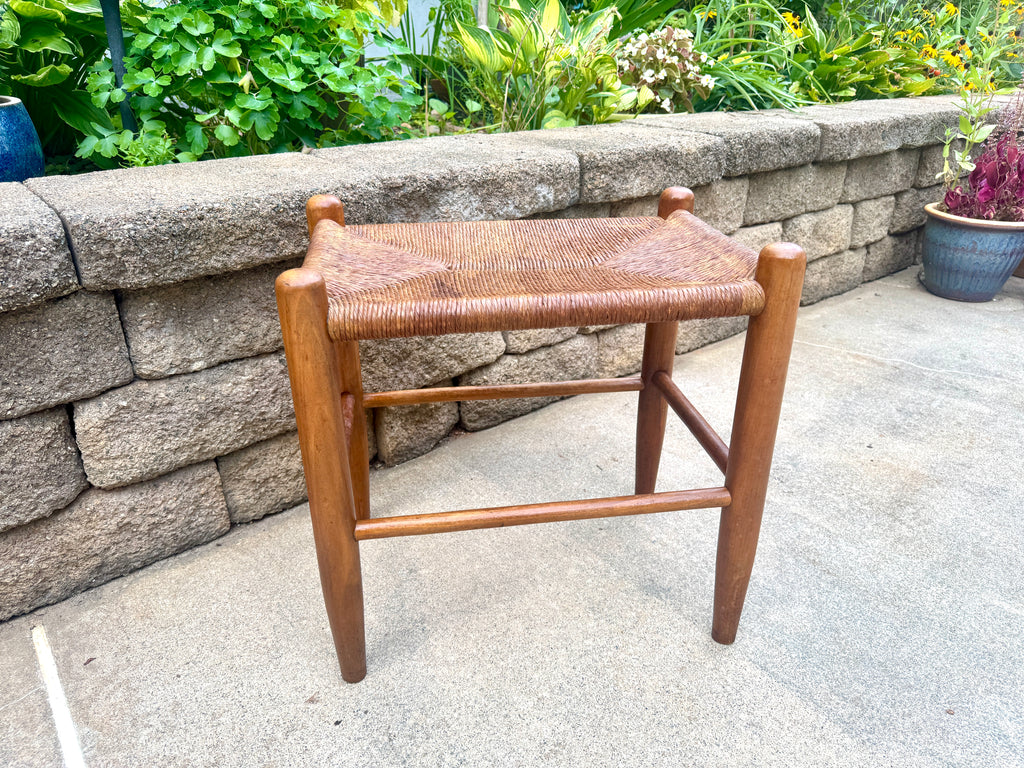 Vtg Wood Rush Bench | Rush Top Ottoman | Woven Sitting Stool | Long Wooden Stool | Borge Mogensen Style Bench | Rush Style Ottoman