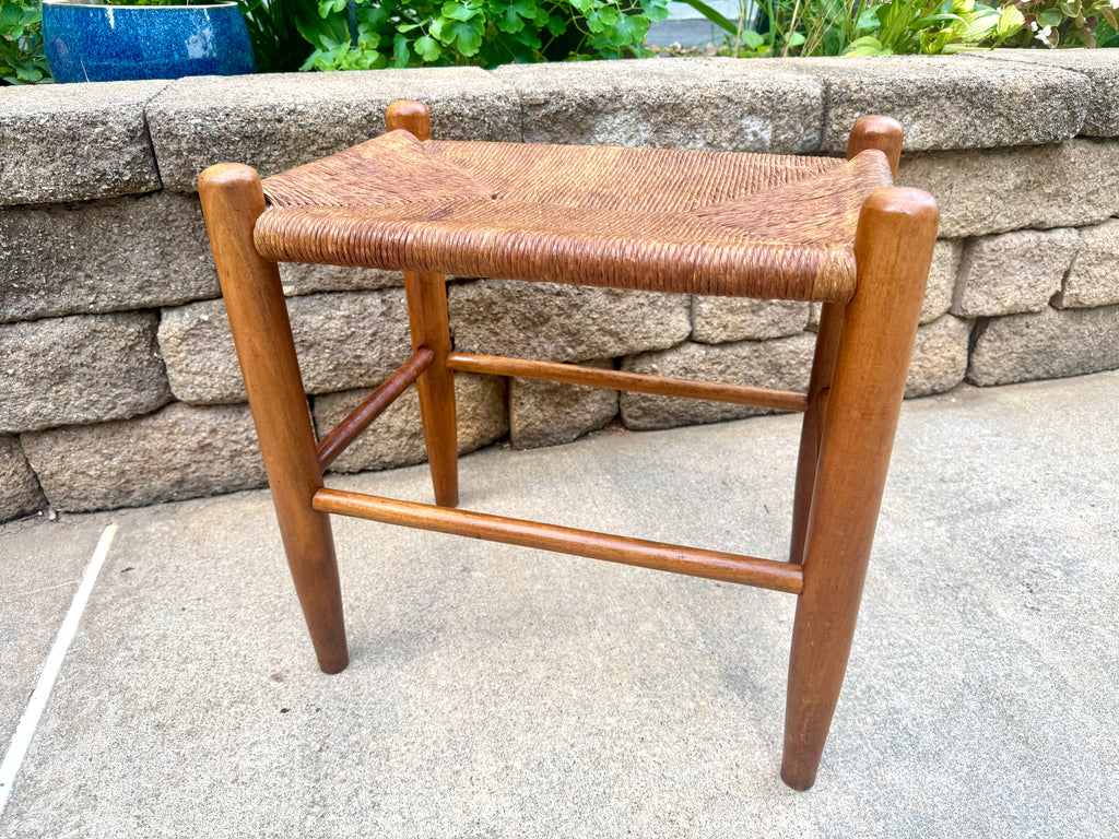 Vtg Wood Rush Bench | Rush Top Ottoman | Woven Sitting Stool | Long Wooden Stool | Borge Mogensen Style Bench | Rush Style Ottoman