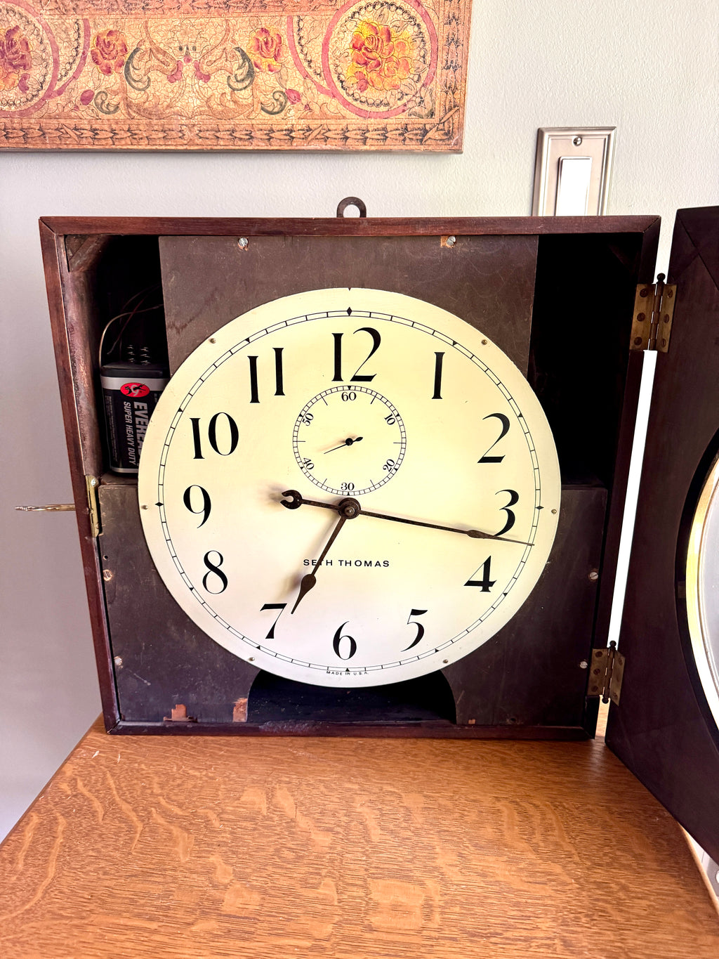 Antique Seth Thomas & Self-Winding Co. Pendulum Wall Clock ~ Large Wood Framed Seth Thomas Wall Clock