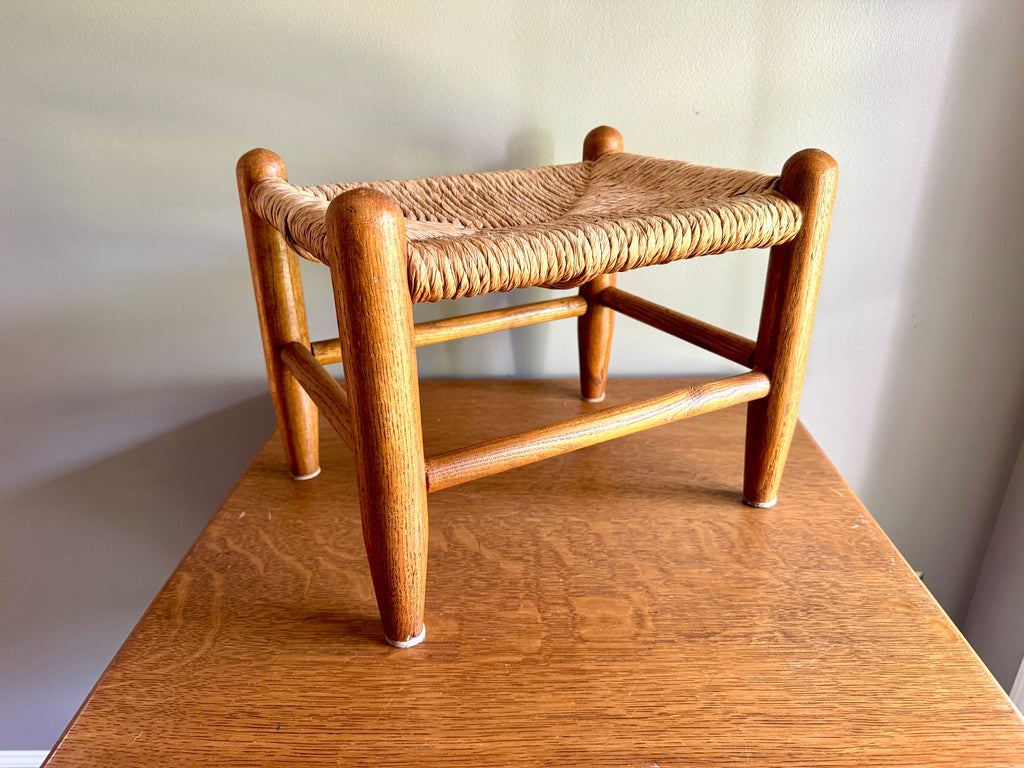 Vintage Turned Wood Rush Top Footstool ~ Jute and Wood Small Footstool ~ Shaker Style Foot Stool