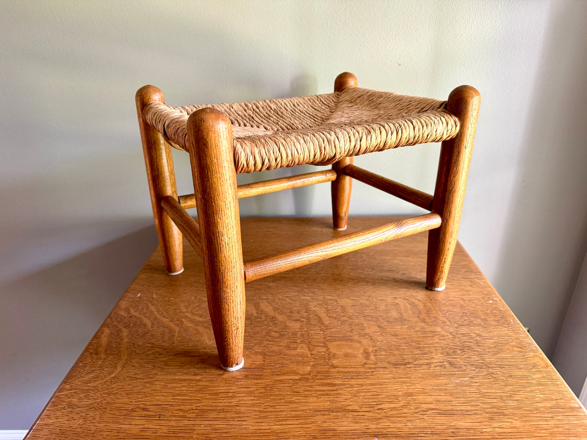 Vintage Turned Wood Rush Top Footstool ~ Jute and Wood Small Footstool ~ Shaker Style Foot Stool