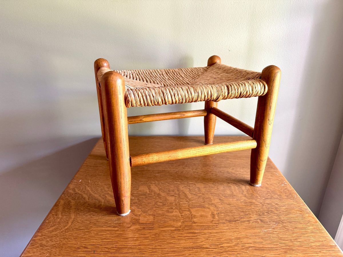 Vintage Turned Wood Rush Top Footstool ~ Jute and Wood Small Footstool ~ Shaker Style Foot Stool