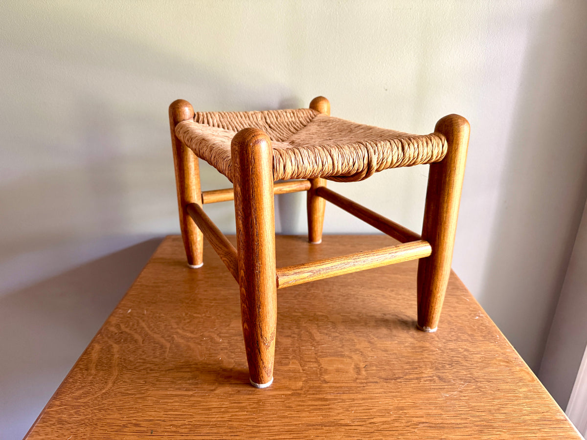 Vintage Turned Wood Rush Top Footstool ~ Jute and Wood Small Footstool ~ Shaker Style Foot Stool