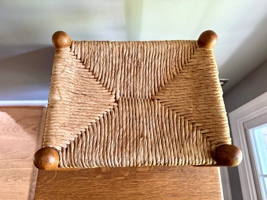 Vintage Turned Wood Rush Top Footstool ~ Jute and Wood Small Footstool ~ Shaker Style Foot Stool