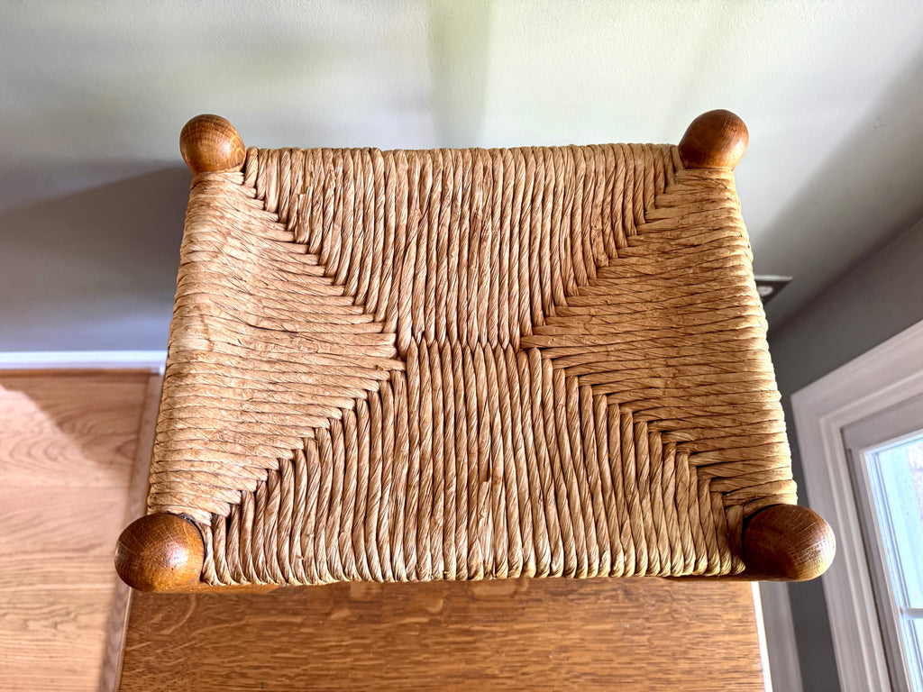 Vintage Turned Wood Rush Top Footstool ~ Jute and Wood Small Footstool ~ Shaker Style Foot Stool