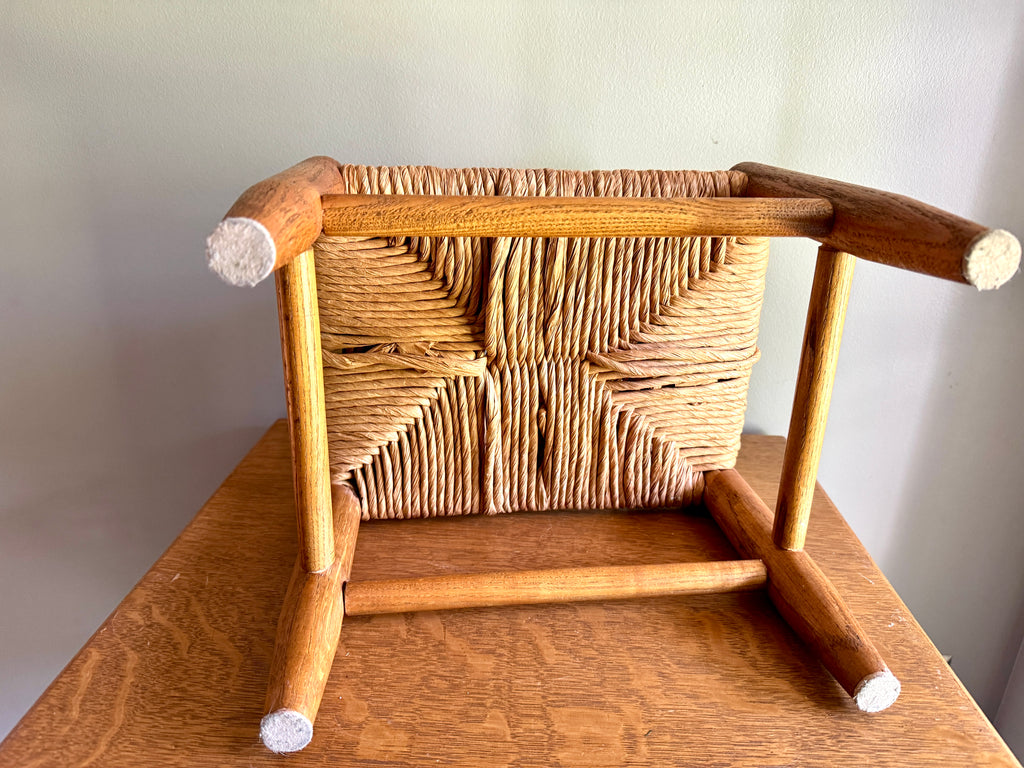 Vintage Turned Wood Rush Top Footstool ~ Jute and Wood Small Footstool ~ Shaker Style Foot Stool
